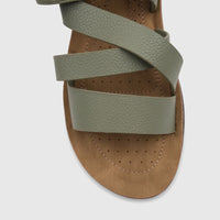 Close-up of a PC Ladies Comfort Sandal PCL10976 in sage green, featuring textured straps and a brown perforated footbed.