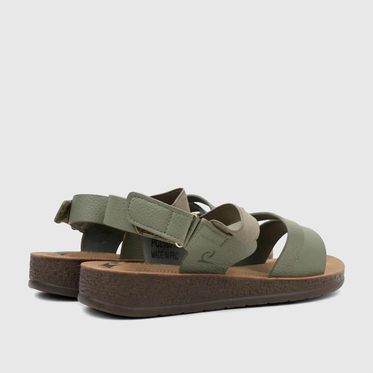 Pair of PC Ladies Comfort Sandals in sage green, featuring hook-and-loop straps and a textured platform sole.