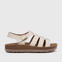 PC Ladies Comfort Sandal PCL11020 in white and brown. Cream fisherman-style straps, gold buckle, chunky platform sole. Side