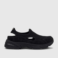 Black mesh and faux suede PC Ladies Comfort Sneaker PCL11015 with a chunky sole, shown in a side view.