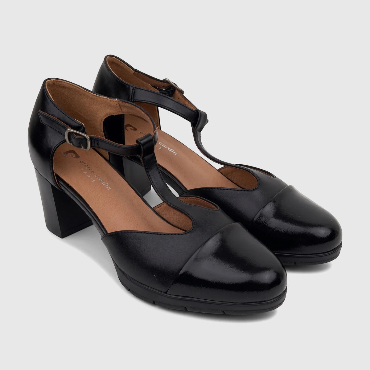 Two black Pierre Cardin Ladies Dress Block Heel T-Bar PCL10984 shoes, featuring a sleek design, block heels, and buckled