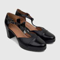 Two black Pierre Cardin Ladies Dress Block Heel T-Bar PCL10984 shoes, featuring a sleek design, block heels, and buckled