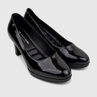 Pair of black patent leather women's high heel court shoes by Pierre Cardin, featuring a glossy finish.