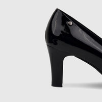 Side profile of a PC Ladies Dress Court PCL10708 in black patent leather with a high block heel.