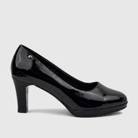 Black patent leather high-heel dress court shoe, seen from the side. Features a glossy finish and a sturdy block heel.
