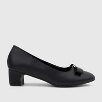 Black PC Ladies Dress Court shoe PCL11037, featuring a block heel and a stylish gold-accented bow, viewed in profile.
