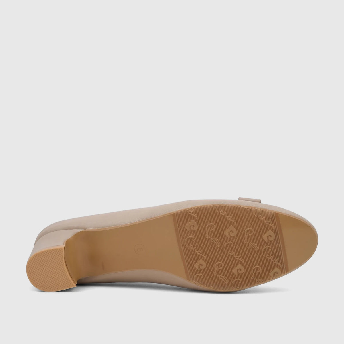 Nude PC Ladies Dress Court shoe, PCL11037, from Pierre Cardin, shown from the bottom view, featuring brand logo on the sole.