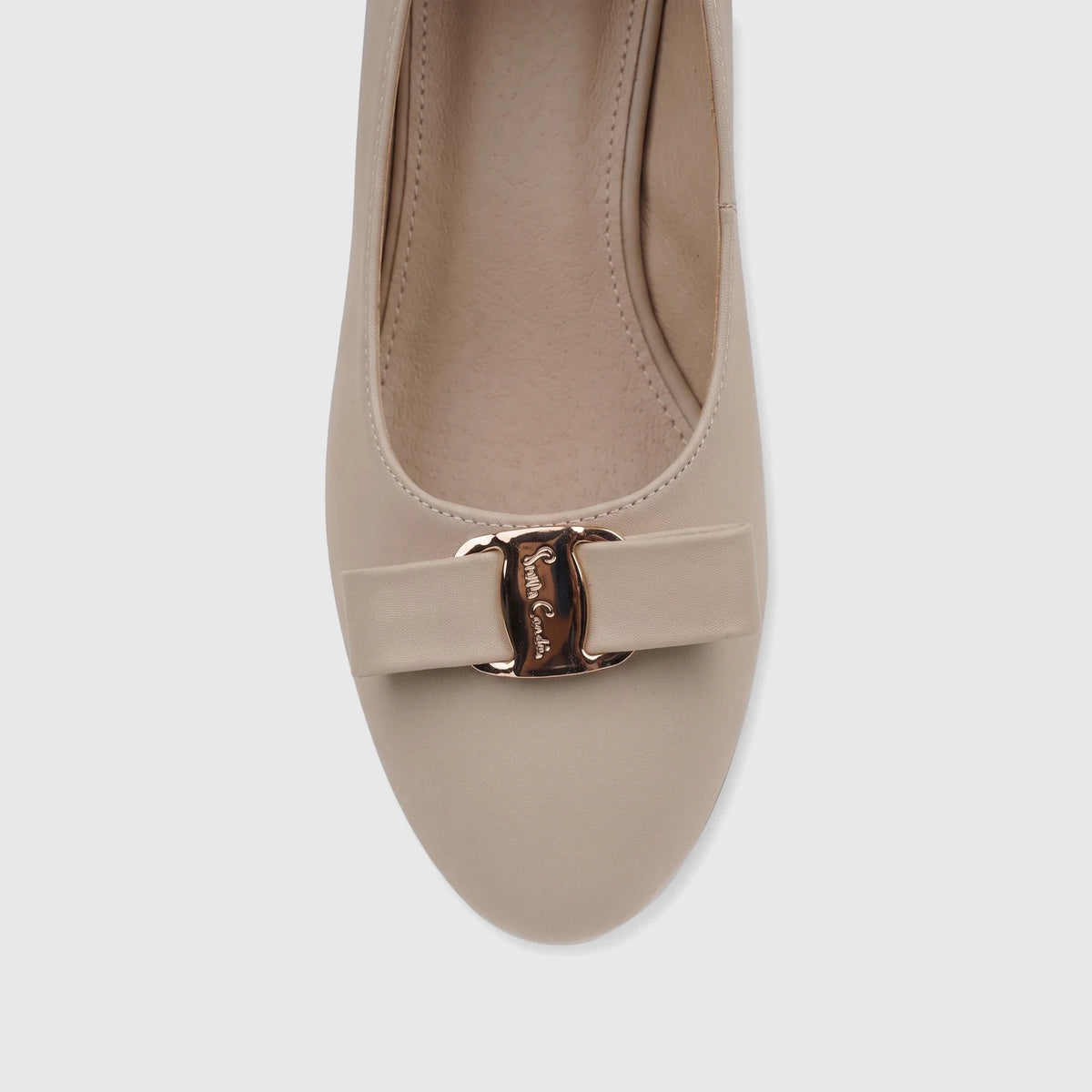 PC Ladies Dress Court PCL11037 in nude, featuring a gold-tone decorative buckle, viewed from an overhead perspective.