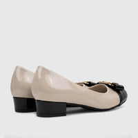PC Ladies Dress Court Shoe in black and nude patent leather with a low block heel, featuring a decorative bow and gold
