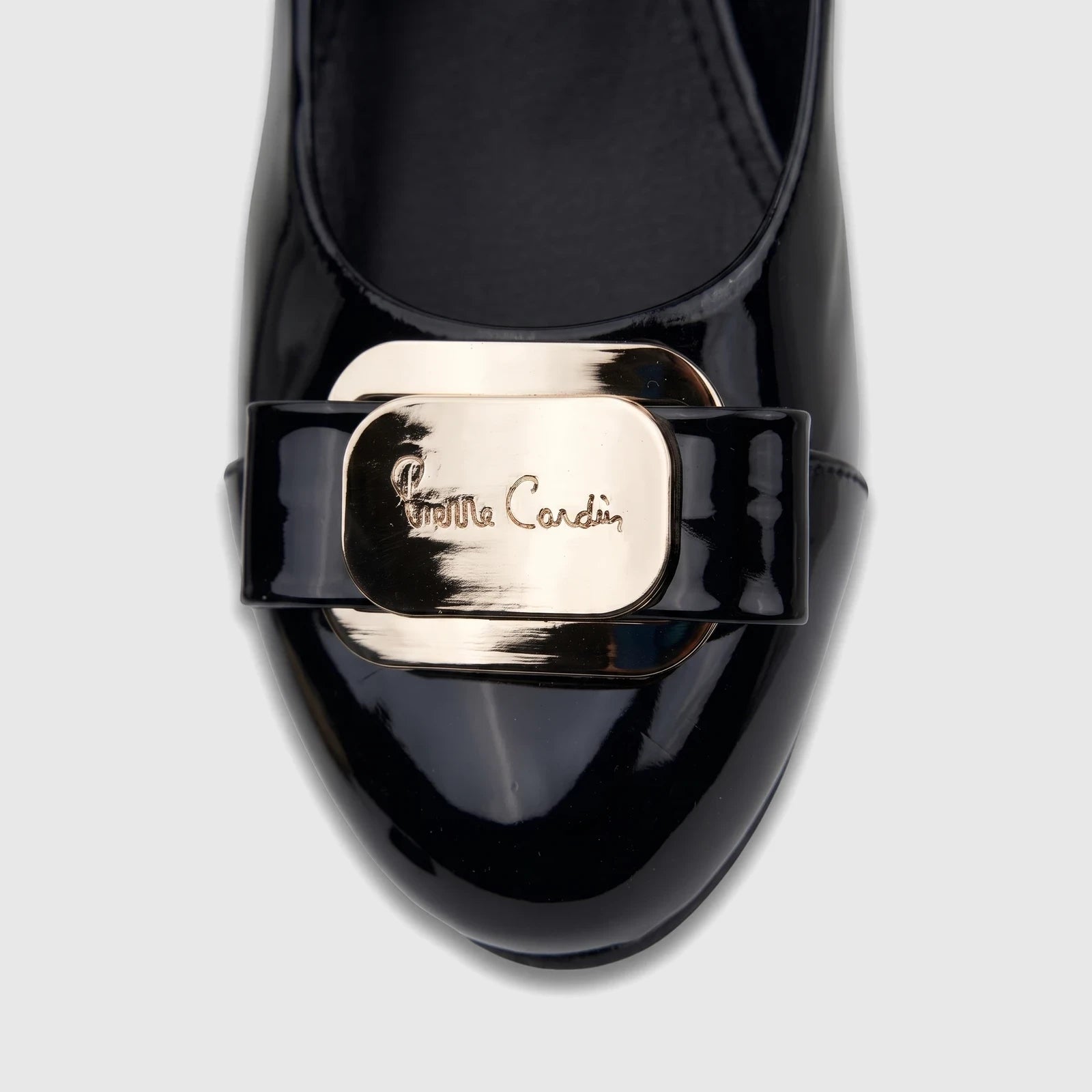 Black patent leather PC Ladies Dress Court Shoe with a gold-tone buckle featuring the Pierre Cardin logo.