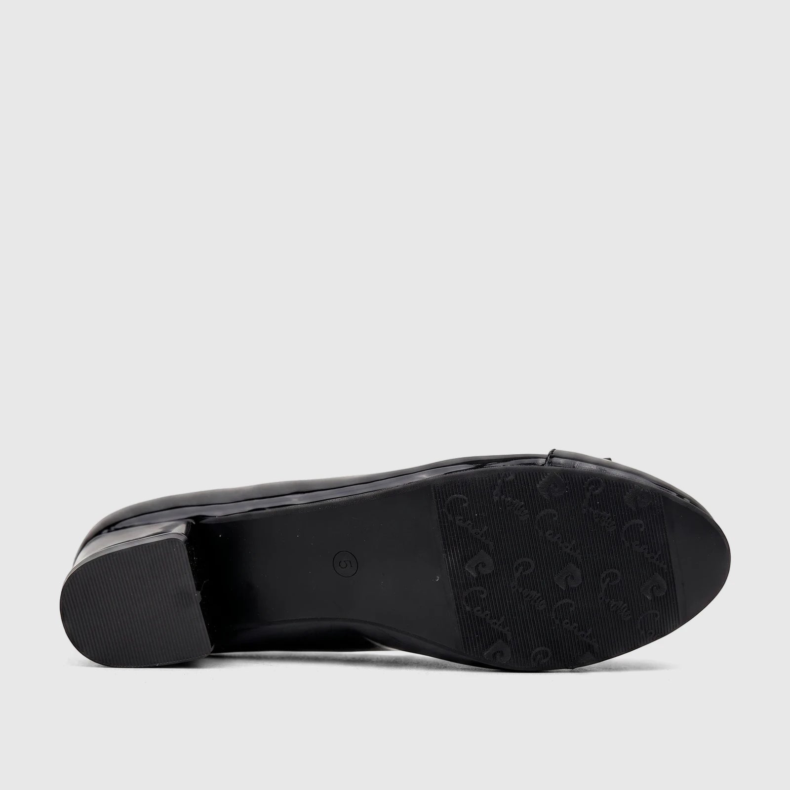 Black patent ladies dress court shoe, underside view showing the sole and block heel.