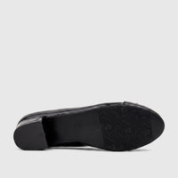 Black patent ladies dress court shoe, underside view showing the sole and block heel.