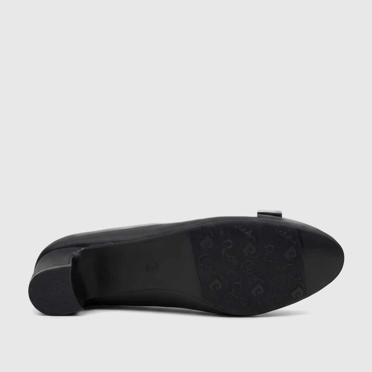 Black PC Ladies Dress Court shoe, PCL11037, with a high heel and patterned sole, shown from the underside view.