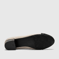 PC Ladies Dress Court Shoe PCL11026 with nude upper, black toe cap, and black block heel, viewed from the sole.