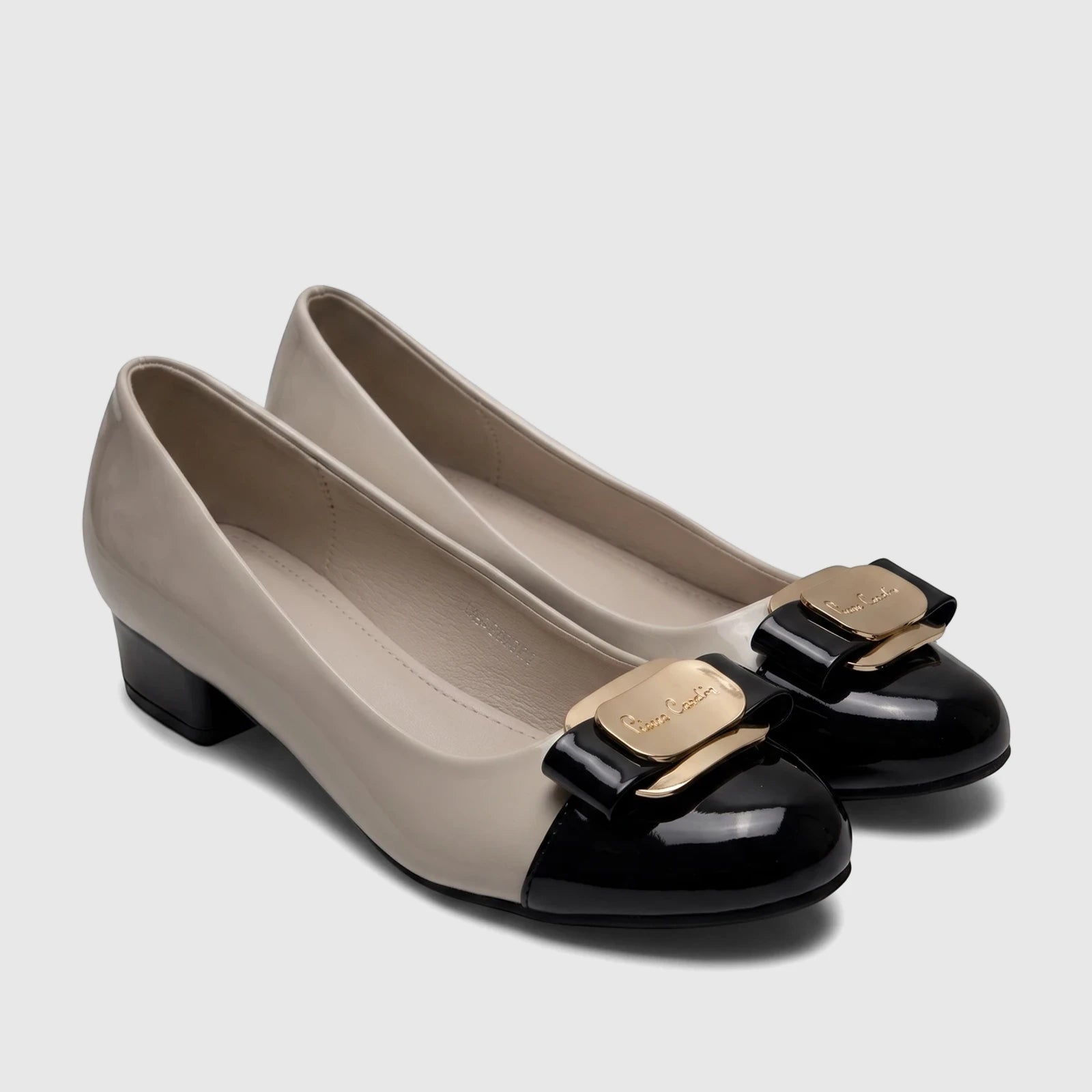 Pair of PC Ladies Dress Court Shoes, PCL11026, featuring two-tone black and nude patent leather with low block heels and