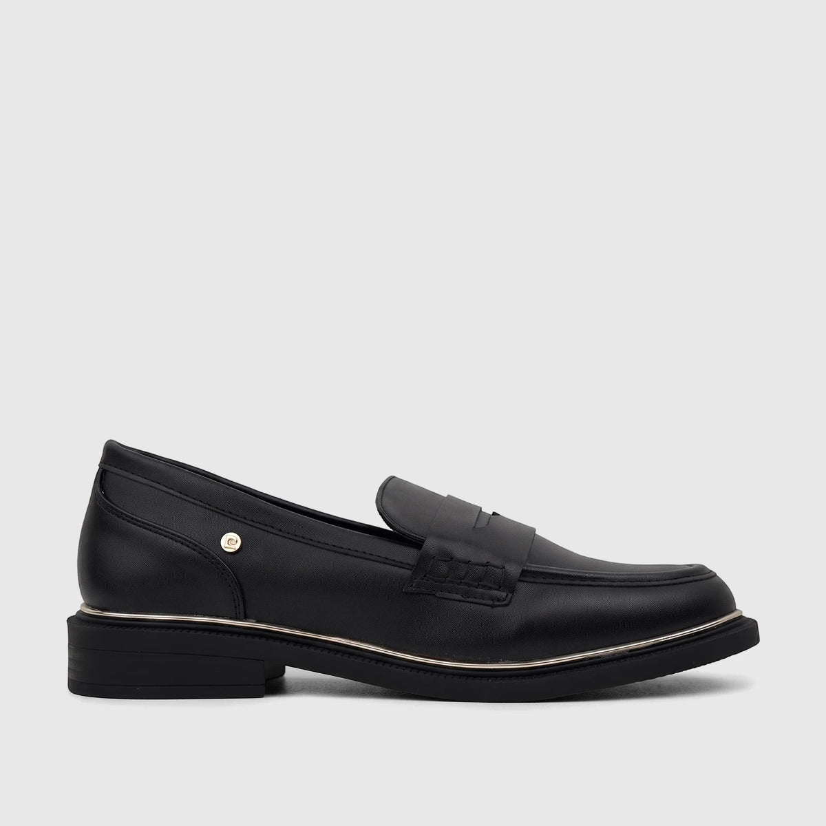Black leather PC Ladies Dress Loafer, featuring a gold-tone logo and metallic trim detail, shown in a side profile view.