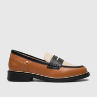 PC Ladies Dress Loafer PCL10996 in tan multi-color, featuring a black strap, gold logo, and black sole, side view.