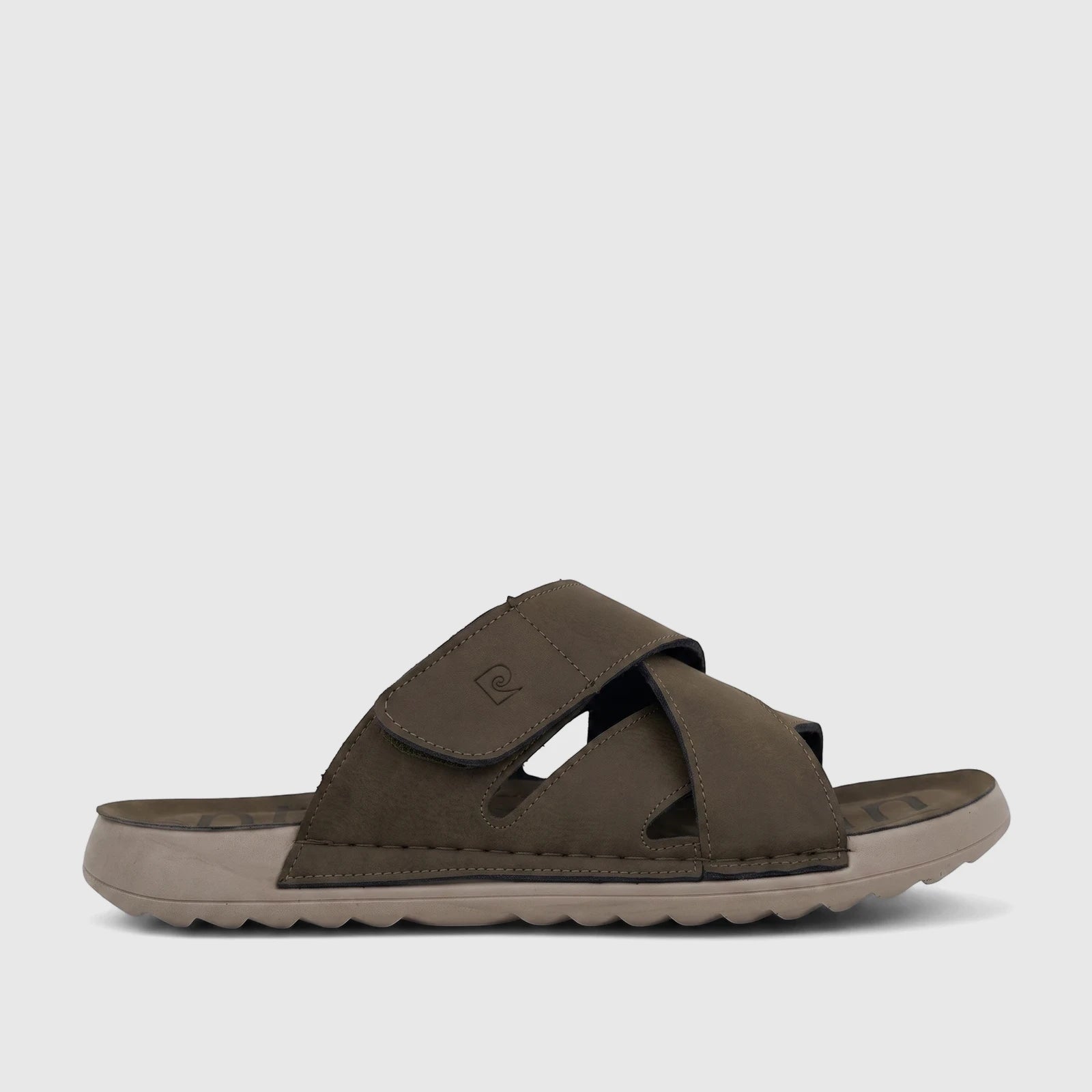 Men's PC casual comfort sandal in olive green, with criss-crossing straps and a textured beige sole, shown in side profile.