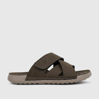Men's PC casual comfort sandal in olive green, with criss-crossing straps and a textured beige sole, shown in side profile.