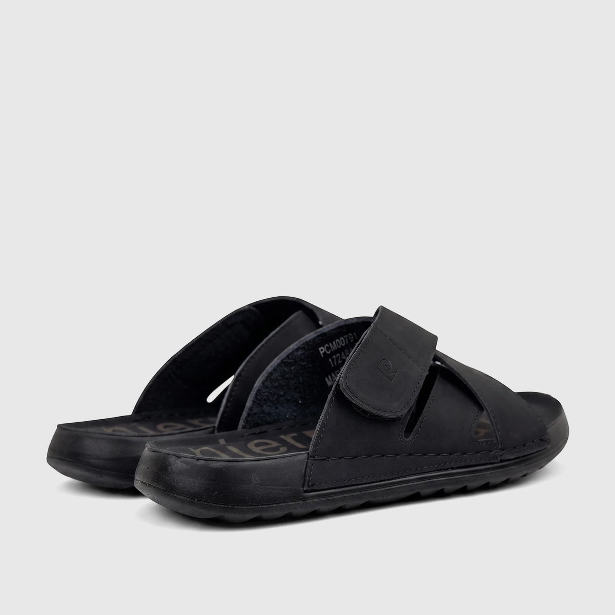 A side view of black PC Men's Casual/Comfort Sandals, PCM00791, with an adjustable velcro strap and a textured sole.
