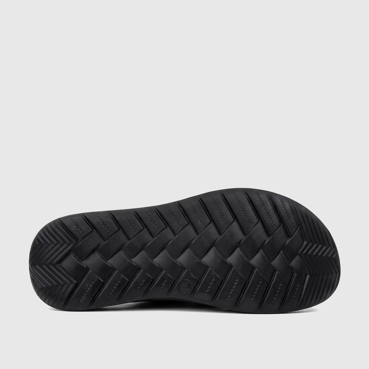Bottom view of a black PC Men's Casual/Comfort Sandal showcasing the textured sole with intricate woven and chevron patterns.