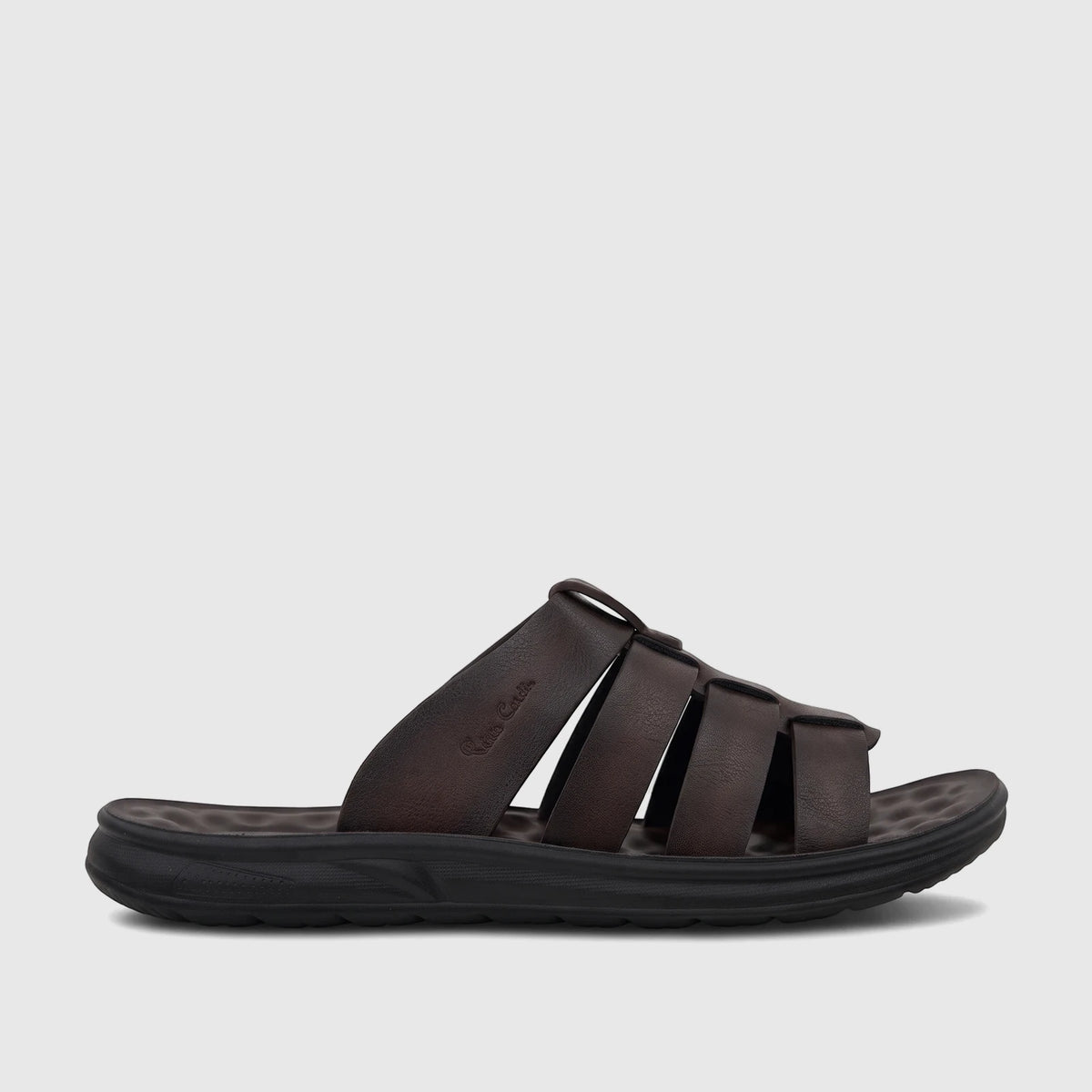 PC Men's Casual/Comfort Sandal PCM00744 in dark brown, featuring a woven leather upper and a black sole, shown in a side