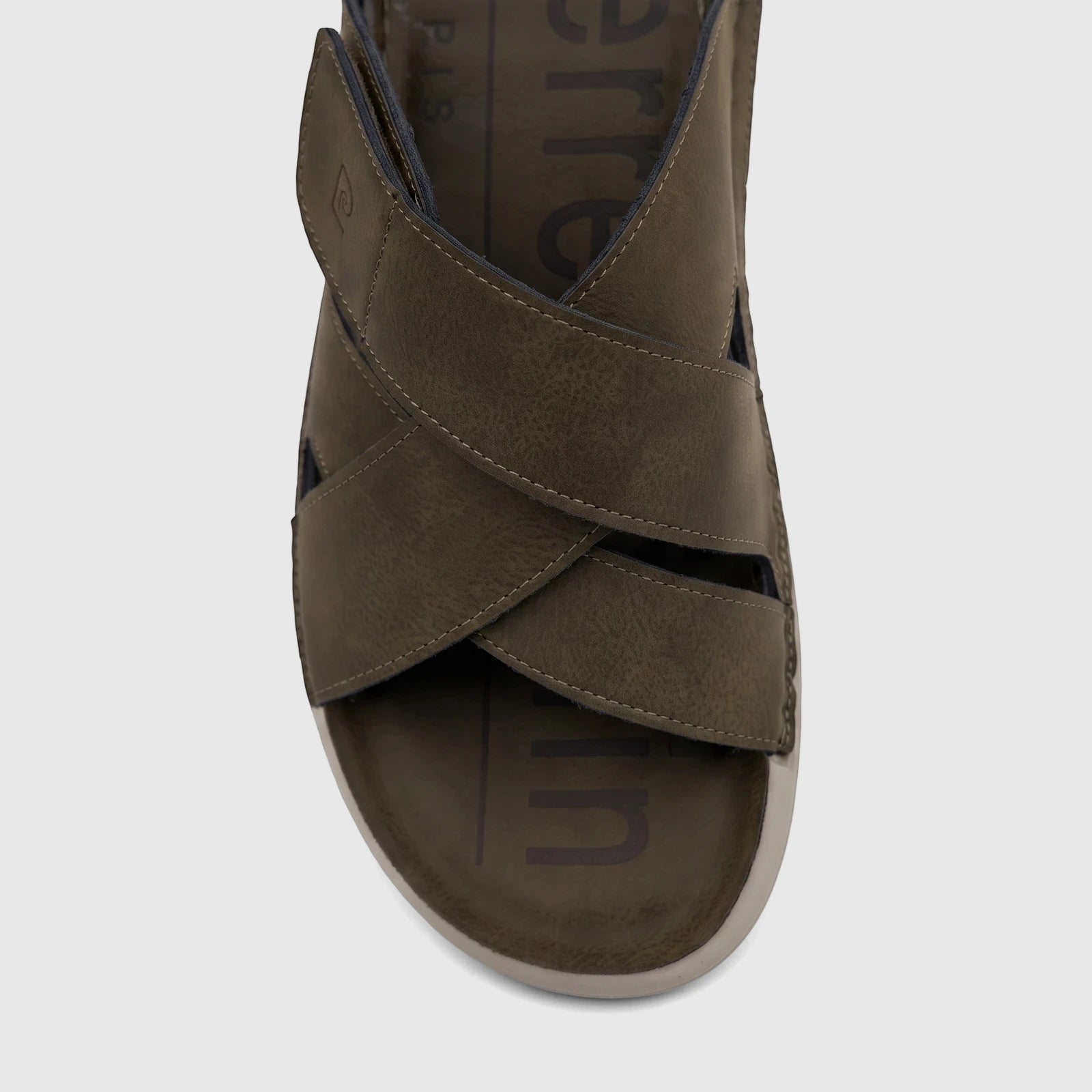 Close-up of an olive green PC Men's Casual/Comfort Sandal PCM00791 featuring textured crisscross straps and a comfortable