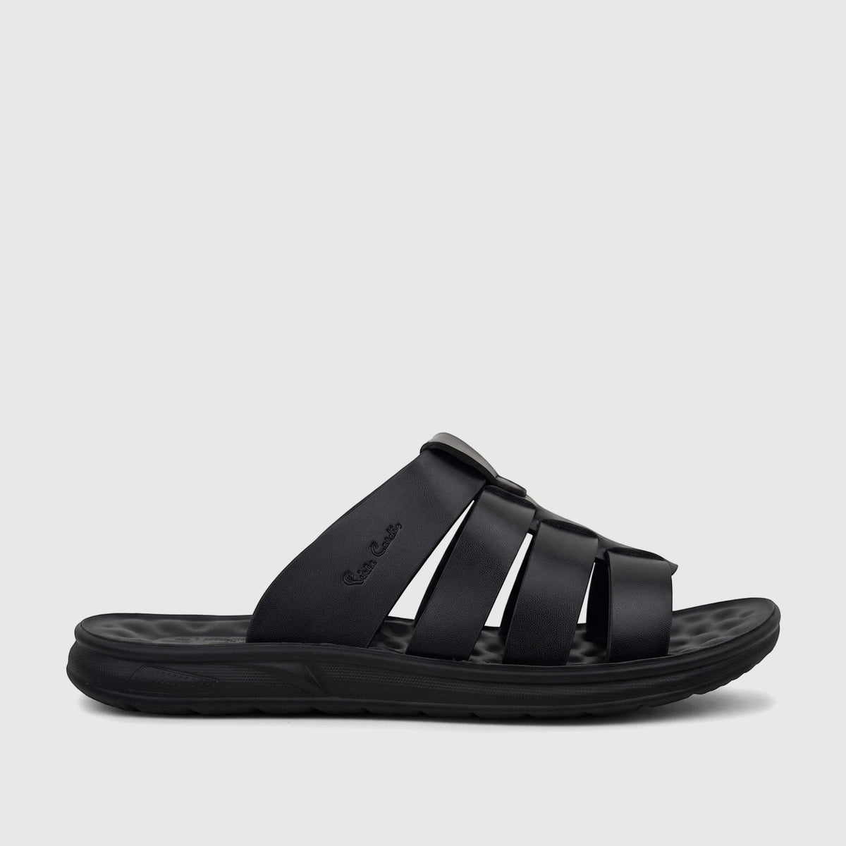 Black PC Men's Casual/Comfort Sandal, PCM00744, featuring a woven strap design and a comfortable black sole, viewed from the