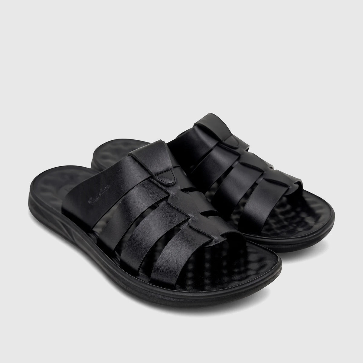Pair of black PC Men's Casual Comfort Sandals with woven straps and a molded sole, angled slightly on a white surface.