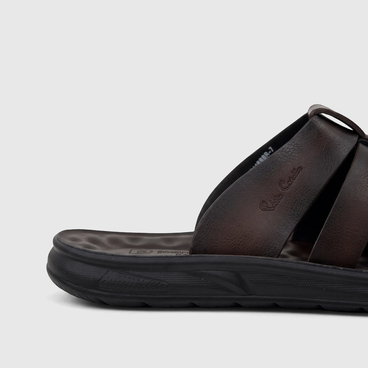 Close-up of a dark brown PC Men's Casual/Comfort Sandal PCM00744 with multiple straps and a black sole, seen from the side.