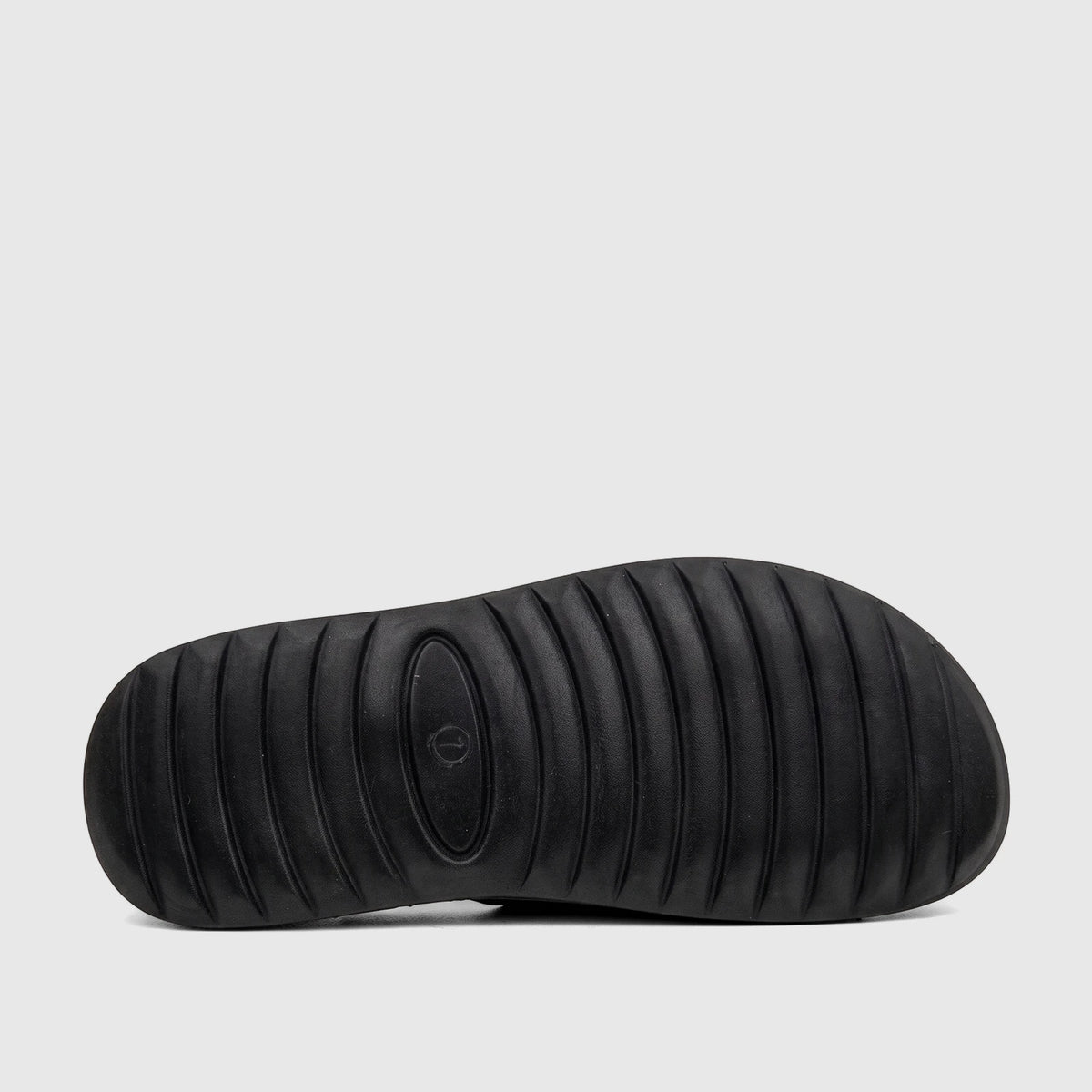 Bottom view of a PC Men's Casual/Comfort Sandal PCM00815 in black mono. Features a durable black sole with a textured, wavy