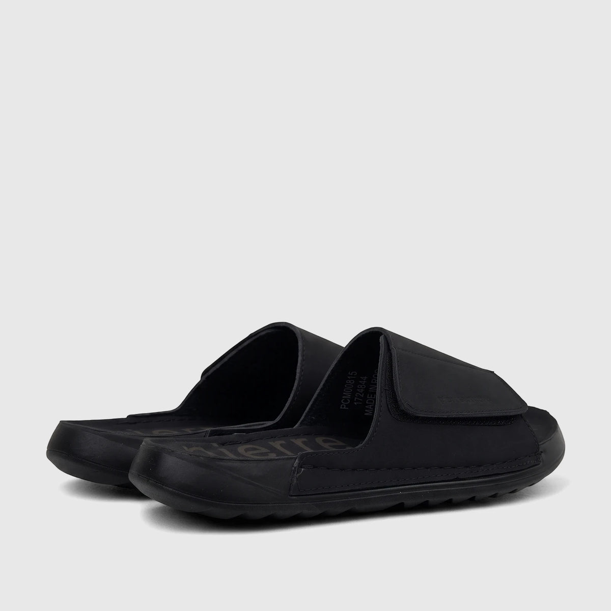 A pair of black PC Men's Casual/Comfort Sandals, product PCM00815, shown from a side perspective.