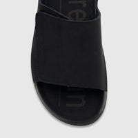 Black PC Men's Casual Comfort Sandal PCM00815 with a wide strap featuring an embossed logo, shown from an overhead