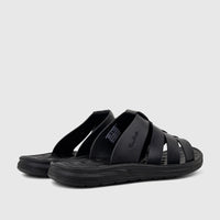 A pair of black PC Men's Casual Comfort Sandals with criss-cross straps, seen from a side view.