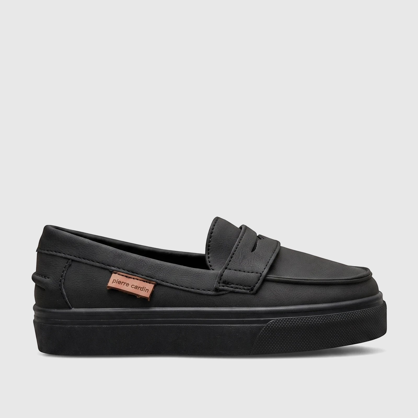 Black mono Pierre Cardin boys' casual slip-on loafer shoe with a platform sole, viewed from the side.