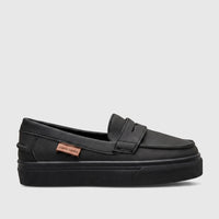 Black mono Pierre Cardin boys' casual slip-on loafer shoe with a platform sole, viewed from the side.