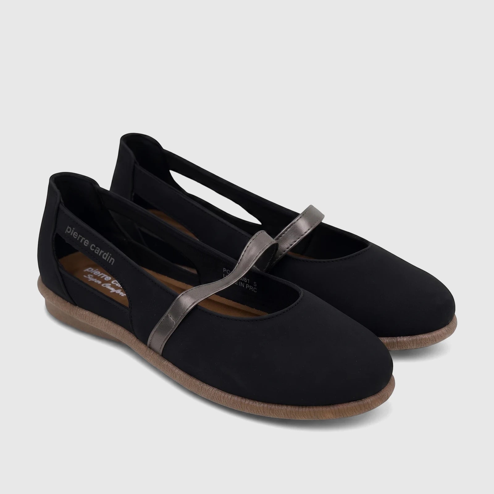 A pair of black Pierre Cardin ladies casual pumps with a silver strap and tan soles, shown from a slightly elevated angle.