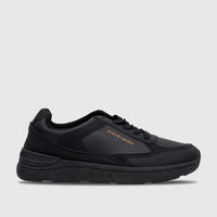 Pierre Cardin black casual sneaker for women, shown from a side view, featuring the golden brand name on the side.