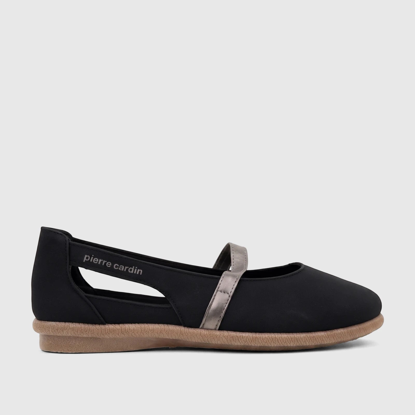 Black Pierre Cardin casual pump for ladies, featuring a tan sole and a silver strap, shown from a side view.