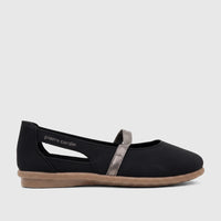 Black Pierre Cardin casual pump for ladies, featuring a tan sole and a silver strap, shown from a side view.