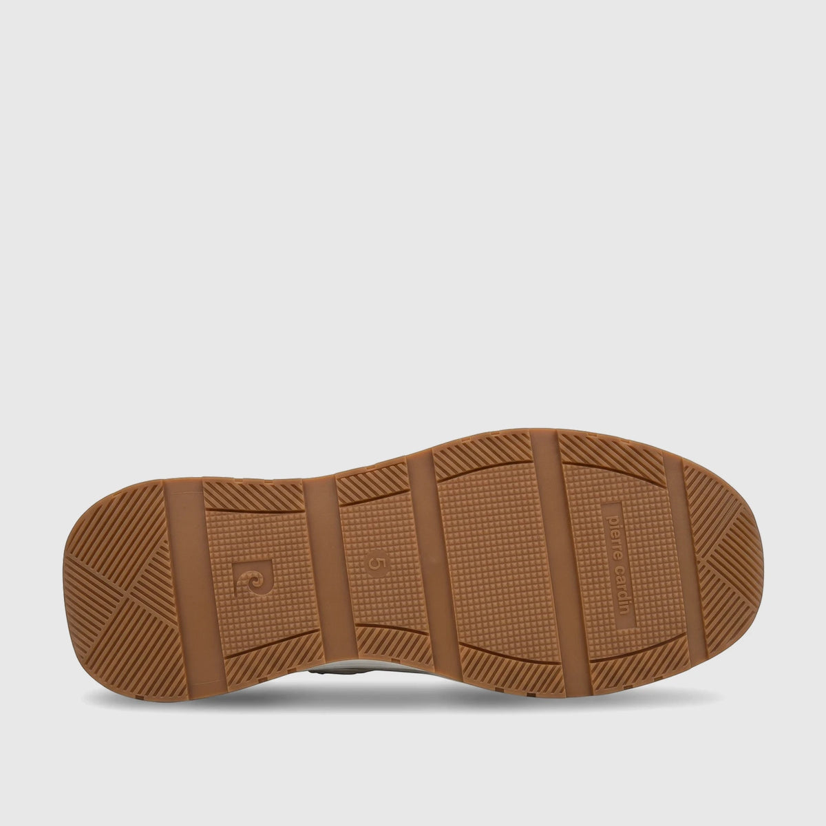 Brown sole of a Pierre Cardin Ladies Comfort Pump shoe, featuring a textured grip pattern and branding details.