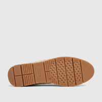 Sole of a Pierre Cardin ladies casual espadrille loafer showing the brown textured rubber sole and woven beige upper.