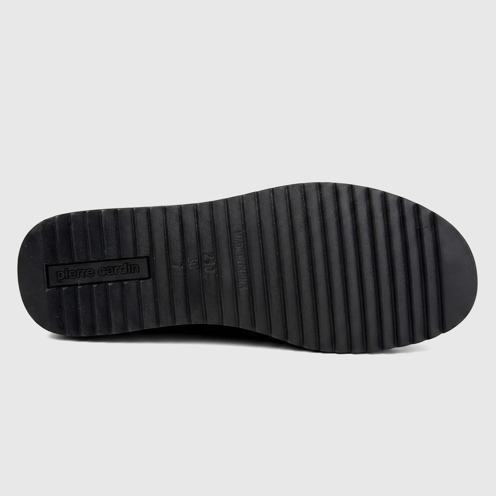 Black Pierre Cardin PC Ladies Casual Ankle Boot sole, showing ribbed texture and branding.