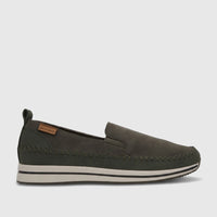 Pierre Cardin women's casual loafer shoe in olive green with decorative stitching and an off-white platform sole, viewed