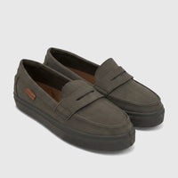 Pair of olive green Pierre Cardin youth casual slip-on loafers with penny strap detail and ridged soles, seen from an