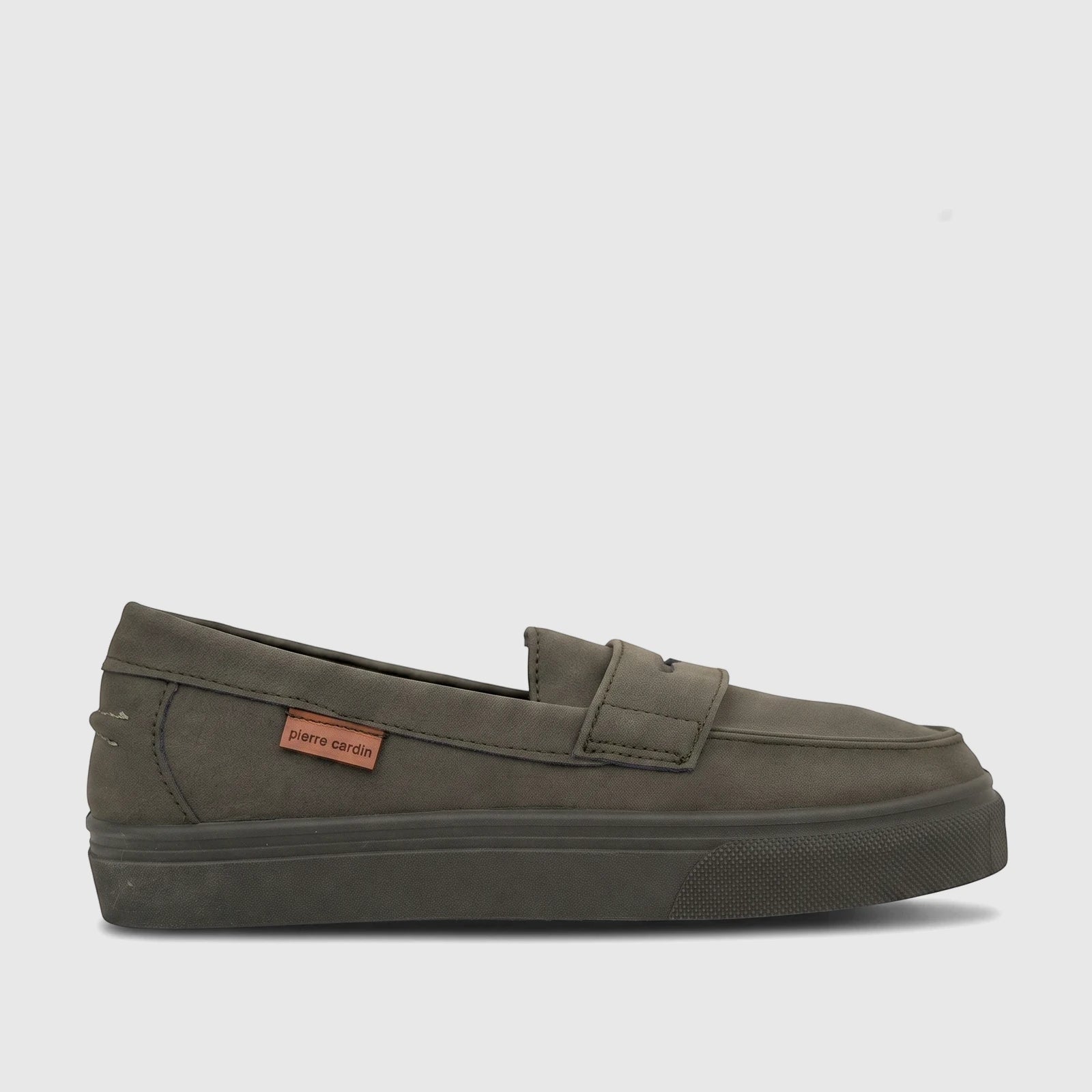 Single olive green Pierre Cardin youth casual slip-on shoe, viewed from the side, on a white background.
