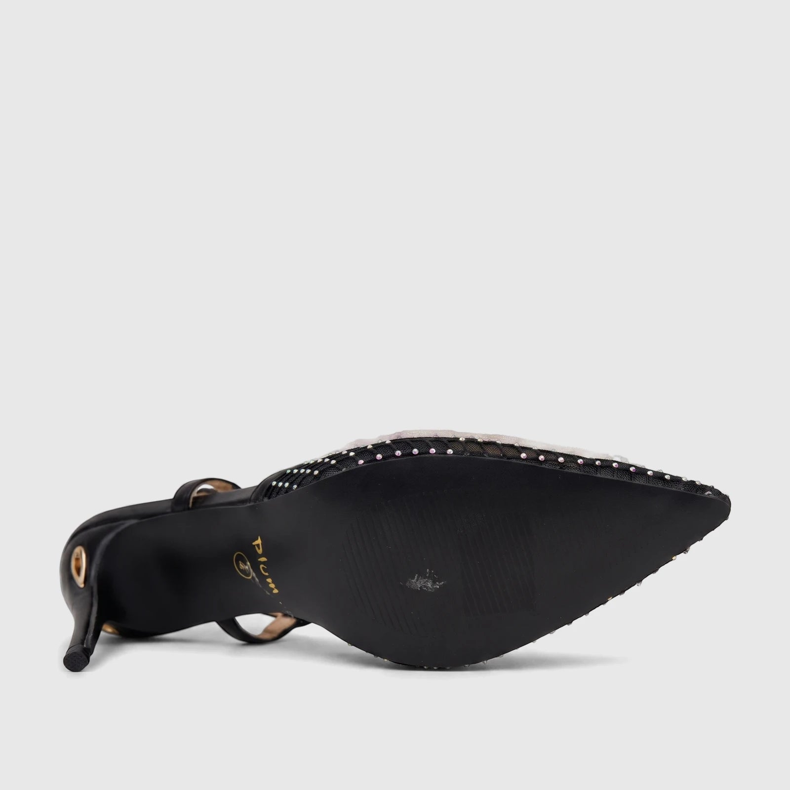 Plum Ladies black evening slingback court shoes, featuring a pointed toe, high heel, and iridescent embellishments.