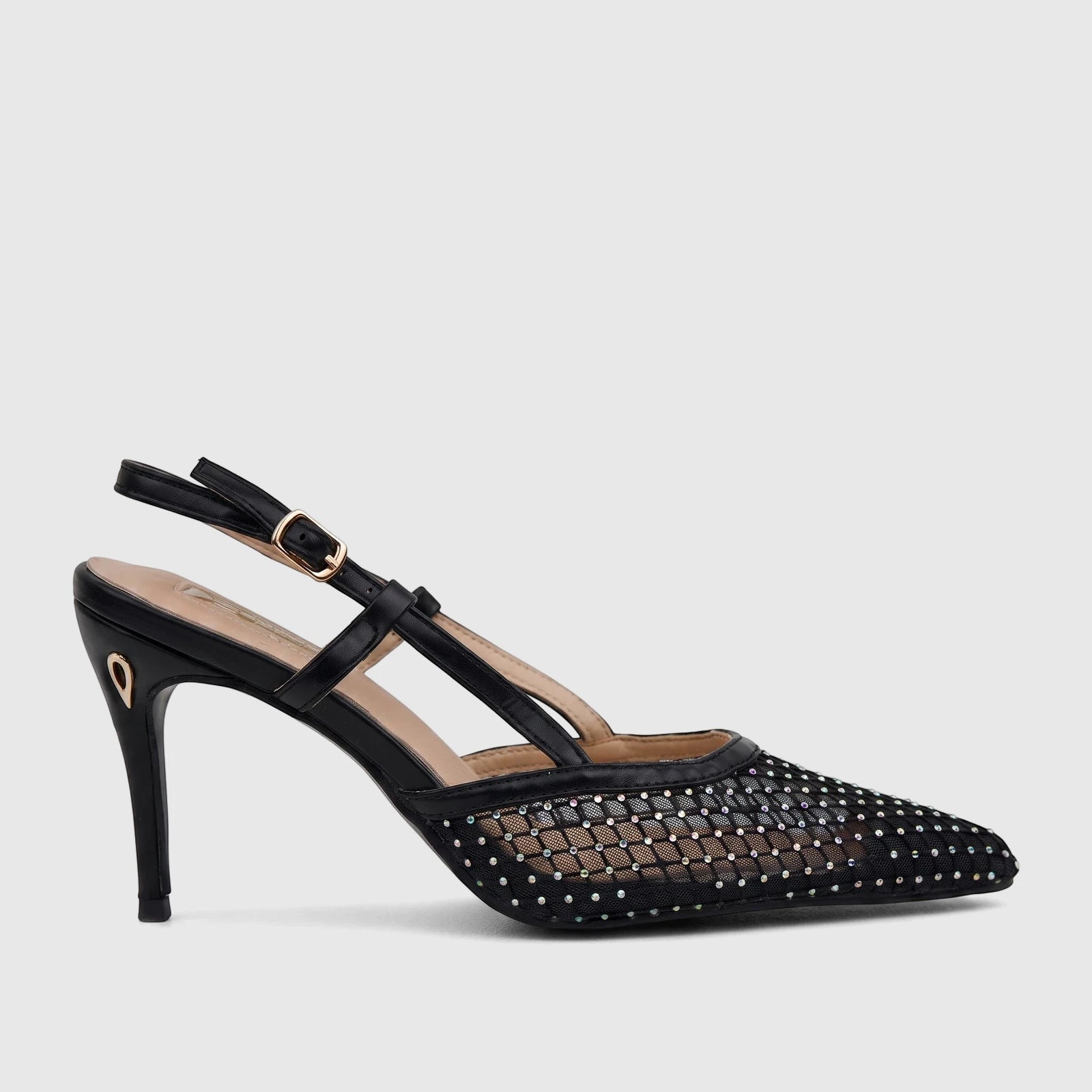Plum Ladies black mesh evening slingback court shoe with a pointed toe, iridescent rhinestones, and a high heel.
