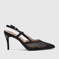 Plum Ladies black mesh evening slingback court shoe with a pointed toe, iridescent rhinestones, and a high heel.