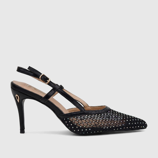 Plum Ladies black mesh evening slingback court shoe with a pointed toe, iridescent rhinestones, and a high heel.